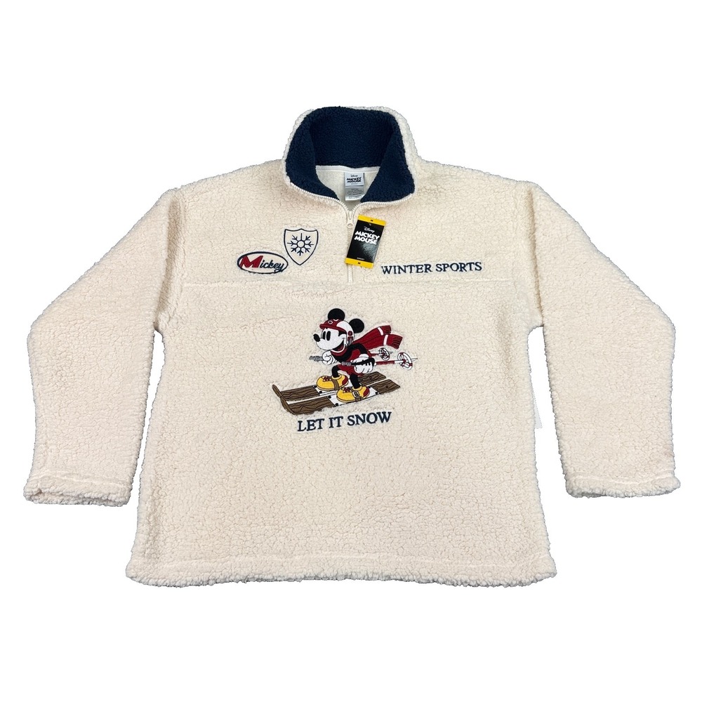 Disney Mickey Mouse Winter Sherpa 1/4 Zip Pullover Jacket Womens Sz‎ M Off-White